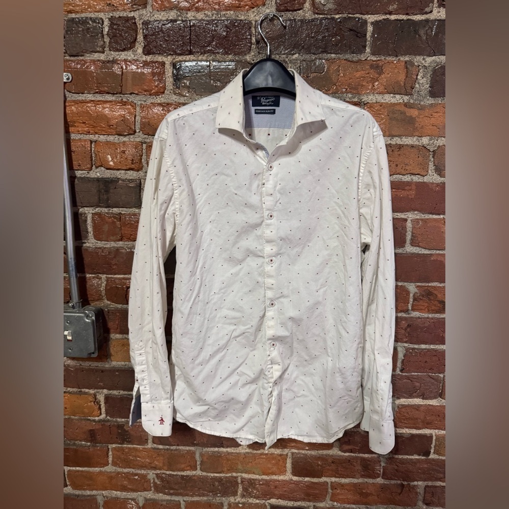 Original Penguin Cream Patterned Men's Shirt White with Red Dots Size 15 32/33